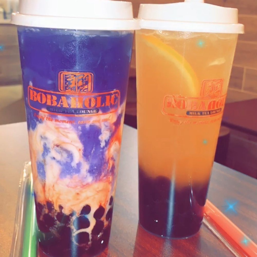 Bobaholic Milk Tea Lounge - The Virus (Left) & Honey Orange Green Tea (Right) - Bubble Tea Near Me - Phoenix, Arizona