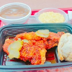 KFC - The "Nashville hot" 3pc tenders with mashed potatoes, mac'n'cheese and a biscuit ($8 in total)