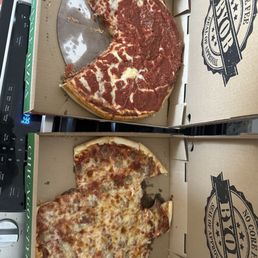 Deep dish pepperoni pizza, thin crust sausage pizza