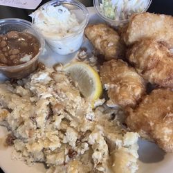 2nd Street Depot Bar & Grill - Deep, fried fish, garlic, mashed potatoes, beans, coleslaw delicious