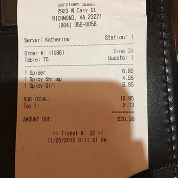 Carytown Sushi - The bill - Sushi Bars Near Me - Richmond, Virginia