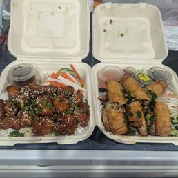 Orange chicken and rice vermicelli with chicken and egg roll Orange chicken and rice vermicelli with chicken and egg roll