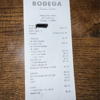 Bodega Taqueria y Tequila River North - Receipt with ridiculous surcharges - Tacos Near Me - Chicago, Illinois Bodega Taqueria y Tequila River North - Receipt with ridiculous surcharges - Tacos Near Me - Chicago, Illinois