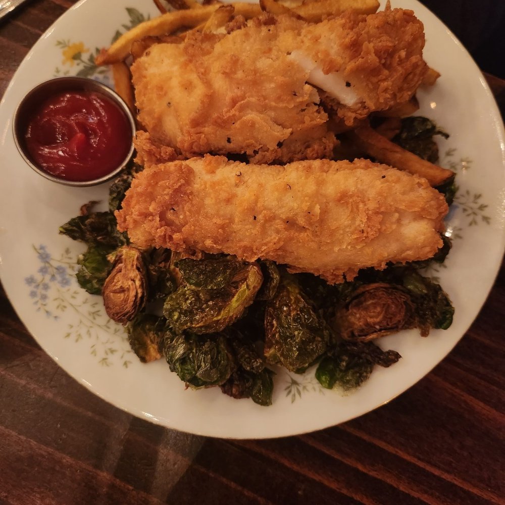 Allegory - Fishy fry on crunchy brussel sprouts - American Near Me - Naperville, Illinois Allegory - Fishy fry on crunchy brussel sprouts - American Near Me - Naperville, Illinois