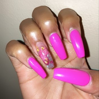 V Spa & Nail Studio - Pink acrylic nails with a floral design on the ring finger. - Day Spas Near Me - Waldorf, Maryland