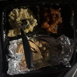 Yams, Mac n cheese seared chicken.