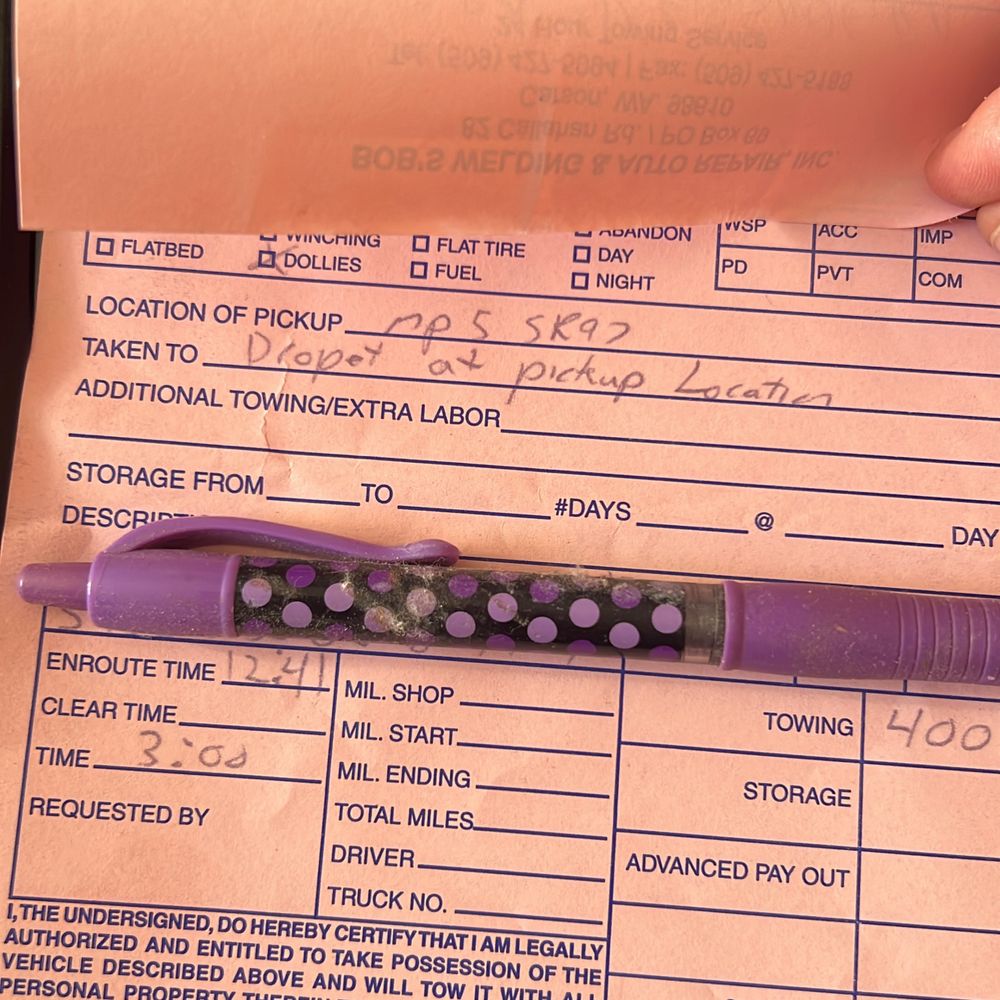 Bob's Welding & Auto Repair - Receipt from the tow showing pickup and drop location, amount charged and dispatched time. - Auto Repair Near Me - Carson, Washington Bob's Welding & Auto Repair - Receipt from the tow showing pickup and drop location, amount charged and dispatched time. - Auto Repair Near Me - Carson, Washington