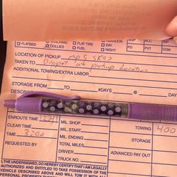 Bob's Welding & Auto Repair - Receipt from the tow showing pickup and drop location, amount charged and dispatched time.