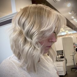 Emily - B Rose - Bright neutral silver ash blonde with a cute a-line Bob & curtain bangs