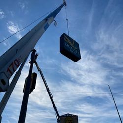 Eleas Sign & Crane Service - Refurbishing a large Quality Inn sign with new faces and upgraded LED lighting.