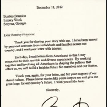 Luxury Wash - President Obama letter to Luxury Wash - Car Wash Near Me - Smyrna, Georgia