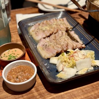 ARIARI - Pork Steak - tender pork shoulder, served with white kimchi, pollock roe, and ssamjang - Korean Near Me - New York, New York