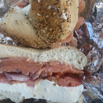 Moore Bagels - The Evesham - lox, cream cheese, red onion, tomato on an everything - Bagels Near Me - Marlton, New Jersey Moore Bagels - The Evesham - lox, cream cheese, red onion, tomato on an everything - Bagels Near Me - Marlton, New Jersey