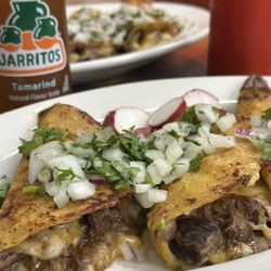 La Botana Mexican Antojitos - Quesabirria 3/$10 with a jarrito de tamaindo