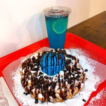 Funnel Me Crazy - a funnel cake on a red tray - Desserts Near Me - Durham, North Carolina