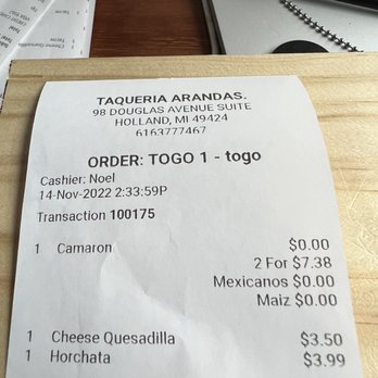 Taqueria Arandas - To go receipt - Mexican Near Me - Holland, Michigan Taqueria Arandas - To go receipt - Mexican Near Me - Holland, Michigan