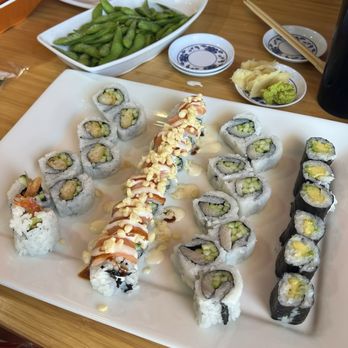 Awi Sushi - L to R: Shrimp Tempura Roll, Cherry Blossom Roll, and Hamachi Roll, and Avocado Roll - Sushi Bars Near Me - Colorado Springs, Colorado