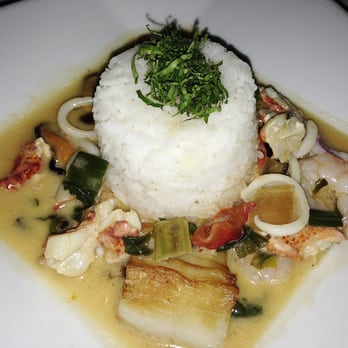 Gary Danko - Coconut Thai Curry with Shrimp, Calamari, Lobster, Scallops, Scallions and Shiitake Mushrooms - New American Near Me - San Francisco, California Gary Danko - Coconut Thai Curry with Shrimp, Calamari, Lobster, Scallops, Scallions and Shiitake Mushrooms - New American Near Me - San Francisco, California