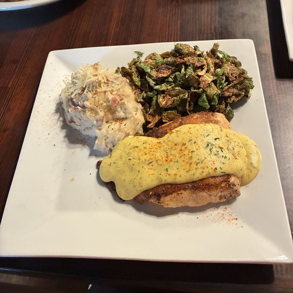 Teton House - Salmon with Lemon sauce, Brussels sprouts and garlic mashed potatoes - Seafood Near Me - Menan, Idaho Teton House - Salmon with Lemon sauce, Brussels sprouts and garlic mashed potatoes - Seafood Near Me - Menan, Idaho
