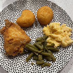 Pollard's Chicken - Chicken, puffs, green beans, and macaroni and cheese..with sweet tea in the back