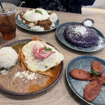 Aloha Stacks - Island chilaquiles, Portuguese sausages, ube pancakes, macaroni salad, chicken katsu curry, and spam masubi (not seen here) - Breakfast & Brunch Near Me - Whittier, California
