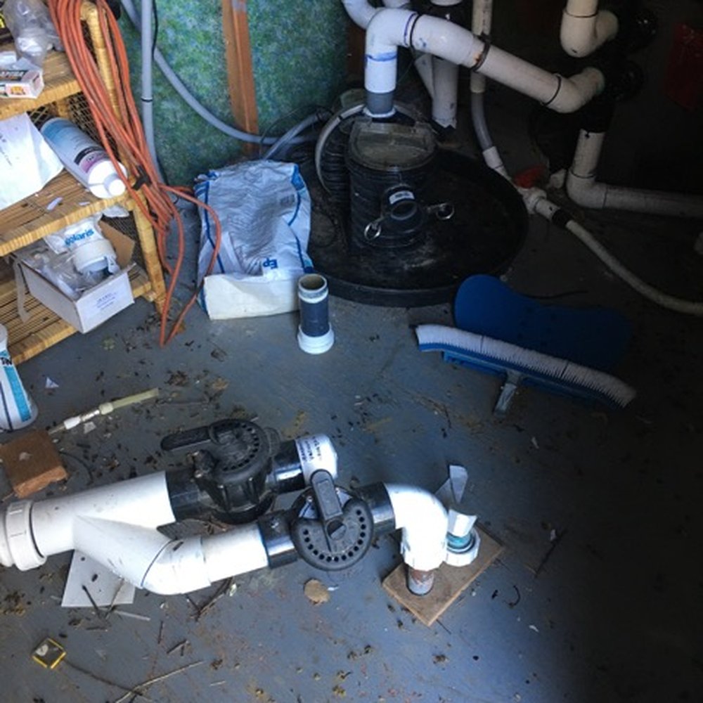 Scuba Pool Repair - Original plumbing mess in pump room, no surprise it had leaks! - Pool & Hot Tub Service Near Me - Campbell, California Scuba Pool Repair - Original plumbing mess in pump room, no surprise it had leaks! - Pool & Hot Tub Service Near Me - Campbell, California