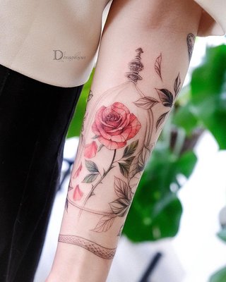 Fineline tattoo. - The rose from Beauty and the Beast. With a snake and peonies. Later on, the girl wants to add more to finishi her full arm.