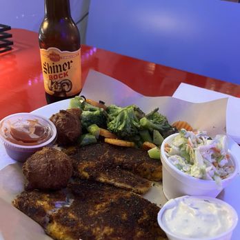 Blue Ocean Seafood - Blackened snapper with steamed vegetables, coleslaw, and hush puppies. - Seafood Near Me - Bay City, Texas Blue Ocean Seafood - Blackened snapper with steamed vegetables, coleslaw, and hush puppies. - Seafood Near Me - Bay City, Texas