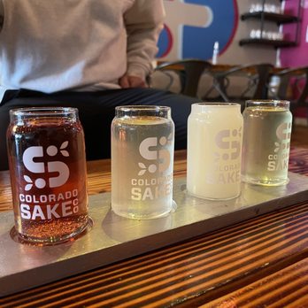 Colorado Sake - Full flight (left to right) Sparkling cherry, Jalapeño, Lychee, and Green Machine - Breweries Near Me - Denver, Colorado Colorado Sake - Full flight (left to right) Sparkling cherry, Jalapeño, Lychee, and Green Machine - Breweries Near Me - Denver, Colorado