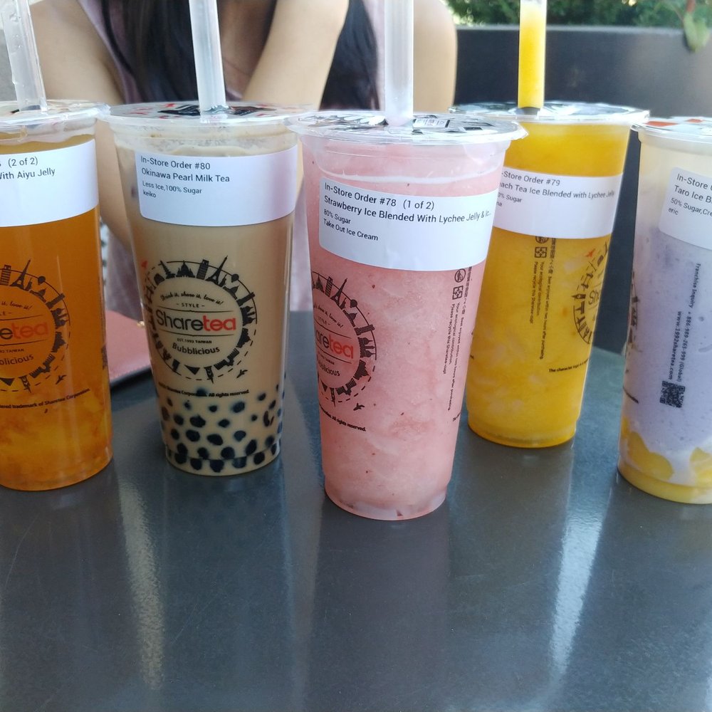 Sharetea - Assortment of drinks. Everyone agreed the best was the okinawa pearl milk tea. - Bubble Tea Near Me - Redlands, California Sharetea - Assortment of drinks. Everyone agreed the best was the okinawa pearl milk tea. - Bubble Tea Near Me - Redlands, California
