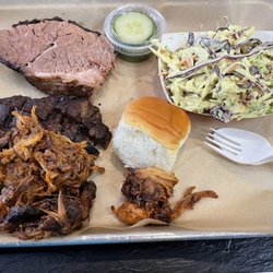 Smoked Out BBQ - Brisket, Pulled Pork, coleslaw, dinner roll, house made pickles