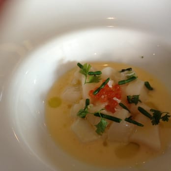 BoccaLupo - Deconstructed scallop crudo with tuna roe, baby herbs and an uni broth - Italian Near Me - Atlanta, Georgia