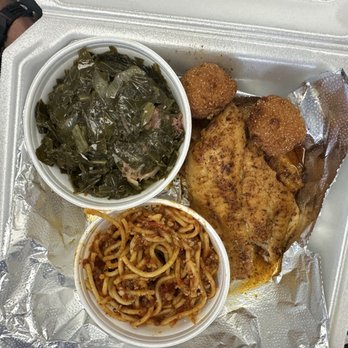 FryDay Fish - House seasoned grilled catfish, spaghetti, and collard greens, with a couple of the hush puppies - Seafood Near Me - Collierville, Tennessee
