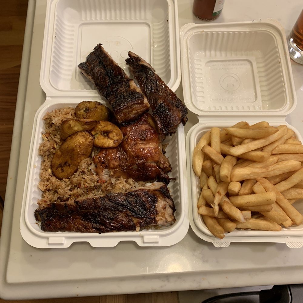 Caravan Chicken - Ribs and Chicken over fried rice combo with side of fries - Latin American Near Me - Astoria, New York