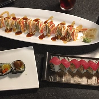 Yokohamaya - Top = shaggy dog, bottom left is Japanese pickle roll, bottom right with tuna on top is a Red Dragon roll. - Sushi Bars Near Me - Cypress, Texas Yokohamaya - Top = shaggy dog, bottom left is Japanese pickle roll, bottom right with tuna on top is a Red Dragon roll. - Sushi Bars Near Me - Cypress, Texas