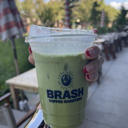 Lavender matcha latte with almond milk