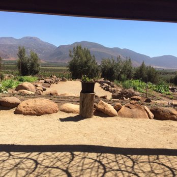 Bruma - Our view from our table. Loved the patio roof made from twigs and round aluminum tin parts. - Wineries Near Me - Ensenada, BCN