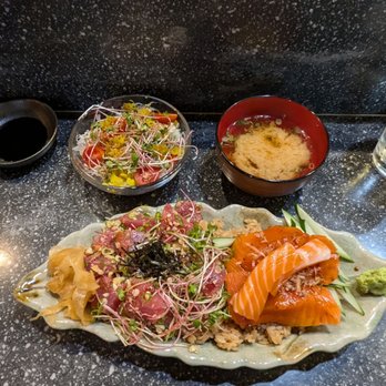 Sushi Murayama - Lunch don bowl. Half ahi Mac nut, half garlic salmon. - Sushi Bars Near Me - Honolulu, Hawaii Sushi Murayama - Lunch don bowl. Half ahi Mac nut, half garlic salmon. - Sushi Bars Near Me - Honolulu, Hawaii