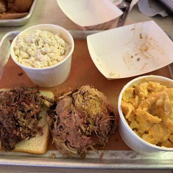 Fox Bros Bar-B-Q - Combo - brisket (chopped and fatty but I think they gave me lean), pulled pork, Cole slaw, and Mac and cheese - Barbeque Near Me - Atlanta, Georgia Fox Bros Bar-B-Q - Combo - brisket (chopped and fatty but I think they gave me lean), pulled pork, Cole slaw, and Mac and cheese - Barbeque Near Me - Atlanta, Georgia