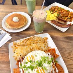 The Pan - Hash Browns (2) Sausage (2) Bacon Strips Breakfast Potatoes (1) Buttermilk Pancake Pitas Chilaquiles Two Egg Breakfast