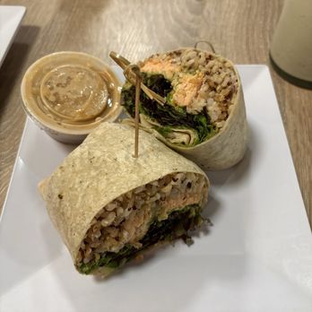 Tea Bar & Fusion Kitchen - BBQ Salmon wrap with quinoa rice and miso dressing - Tea Rooms Near Me - Chico, California Tea Bar & Fusion Kitchen - BBQ Salmon wrap with quinoa rice and miso dressing - Tea Rooms Near Me - Chico, California