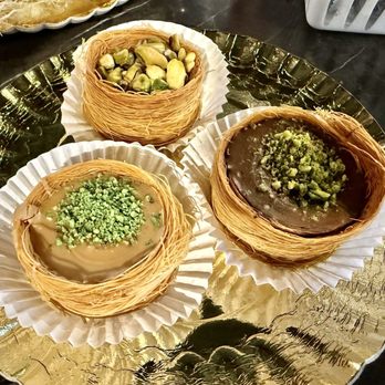 Zmzm Sweets - Bird's nest - lotus (bottom left), pistachio (back), and Nutella (right) - Middle Eastern Near Me - Chicago Ridge, Illinois
