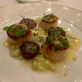 Spruce - Seared Hokkaido Scallops with Melted Leeks, Amarosa Potatoes, and Caviar Vin Blanc - American Near Me - San Francisco, California Spruce - Seared Hokkaido Scallops with Melted Leeks, Amarosa Potatoes, and Caviar Vin Blanc - American Near Me - San Francisco, California