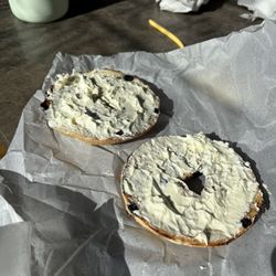 Roots Brew Shop - Blueberry bagel and cream cheese