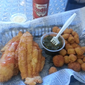 Caplinger's Fresh Catch - Fried catfish fillet dinner with side of collard greens and okra - Seafood Markets Near Me - Indianapolis, Indiana Caplinger's Fresh Catch - Fried catfish fillet dinner with side of collard greens and okra - Seafood Markets Near Me - Indianapolis, Indiana