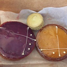 Purple sweet potato tart, kabocha tart, and matcha macaron