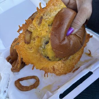 SQZ Burger - SQZ Burger With Cheese and onion rings - Burgers Near Me - Lodi, California SQZ Burger - SQZ Burger With Cheese and onion rings - Burgers Near Me - Lodi, California