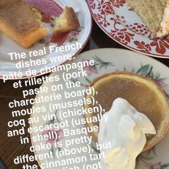 Chez Fonfon - Cinnamon tart, coconut cake, (variation) of basque cake (really pound cake) - French Near Me - Birmingham, Alabama Chez Fonfon - Cinnamon tart, coconut cake, (variation) of basque cake (really pound cake) - French Near Me - Birmingham, Alabama