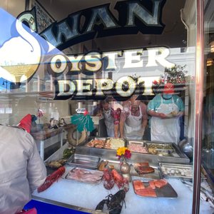 Photo of Swan Oyster Depot - San Francisco, CA, United States. The front window- no mask, mask worn incorrectly, mask worn correctly