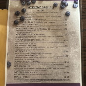 Blueberry Hilltop Cafe - Weekend specials sheet from 8-31. Laminated so not sure if they are the same every weekend or not. - Diners Near Me - Mount Pleasant, Wisconsin